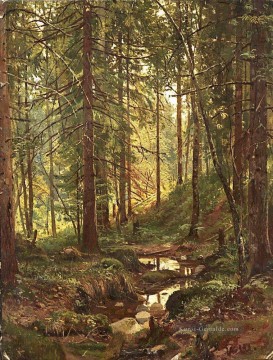 Gehölz Werke - Bach an einem Waldhang 1880 klassische Landschaft Ivan Ivanovich Bäume